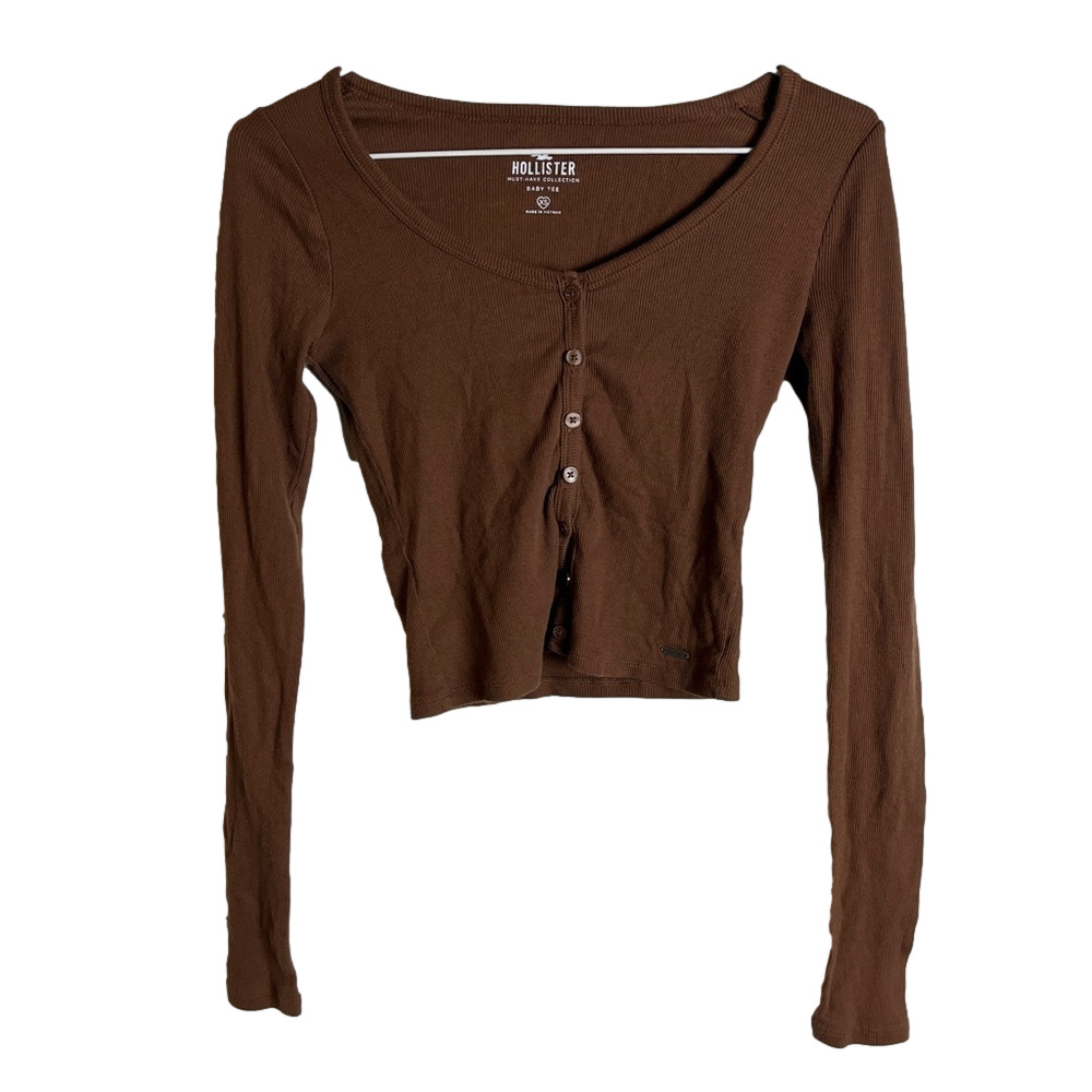 Vintage Hollister Brown Button Down Baby Tee XS Y2K Fitted Cropped Shirt